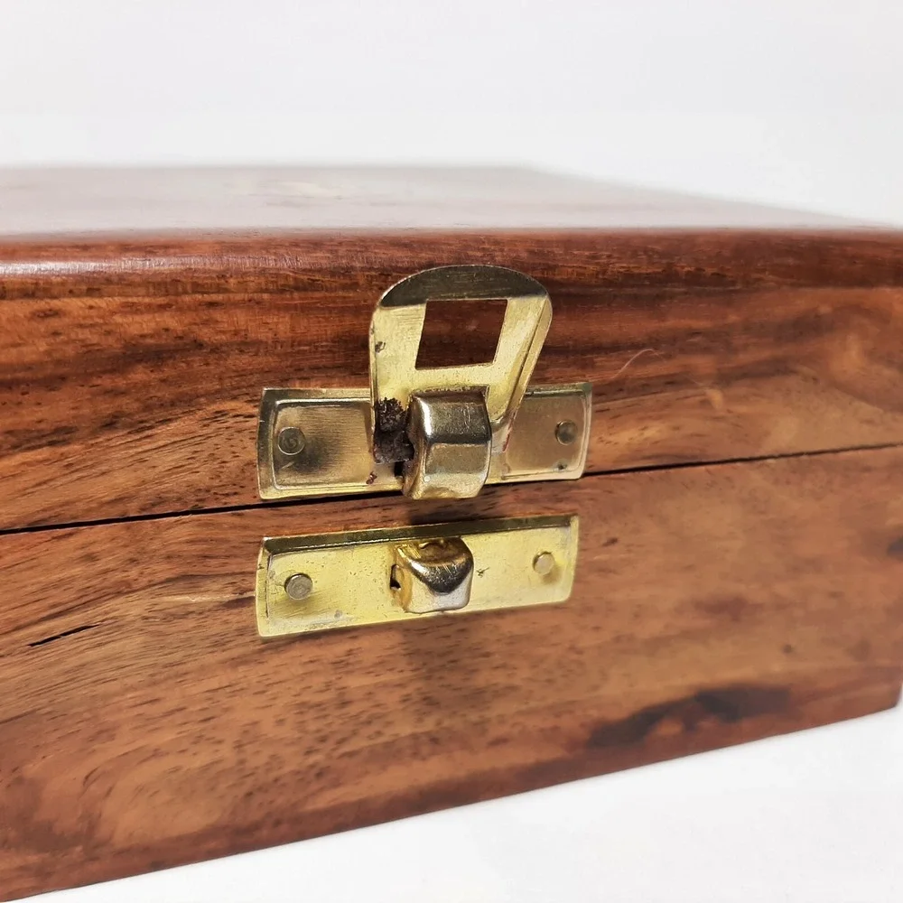 Nautical Wood Hinged Inlaid Brass Anchor Trinket Box Ocean Beach 4.75 x 4.75